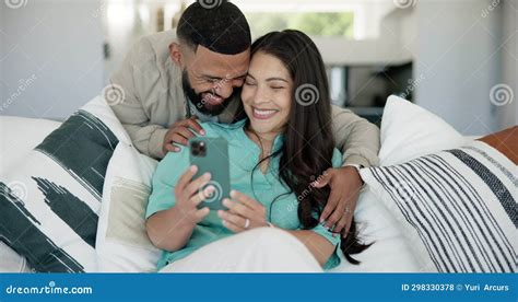 Man Woman And Happy Selfie With Hug By Couch Love And Care Bonding In