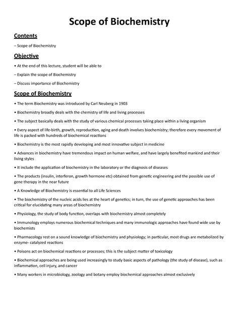 Sem 01 Pharmacy Scope Of Biochemistry Contents Scope Of Biochemistry