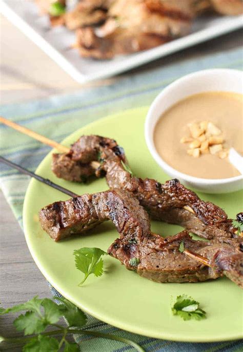 Beef Satay With Thai Peanut Dipping Sauce Garnish With Lemon