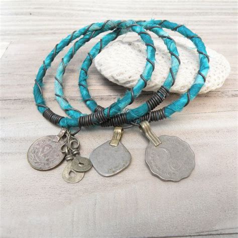 Silk Road Bangle Stack 3 Piece Set With Tribal Gypsy Coins Etsy