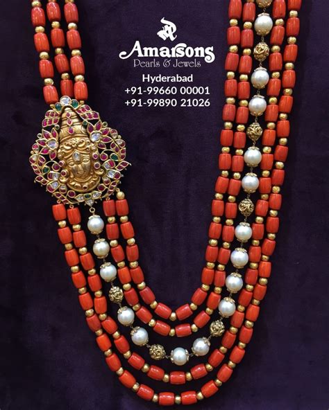 Coral Beads Mala With Side Brooch Indian Jewellery Designs