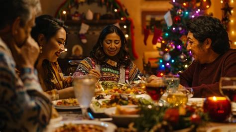 Familia Latina Mexicana En La Cena De Navidad Entre Comida Mexicana Imagen Premium Generada Con IA