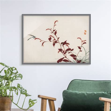 Asiatische Vintage Zeichnung Roter Zweig Mit Libelle Bild Mit Rahmen Im