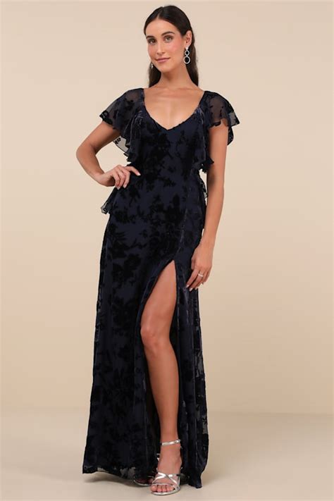 Navy Burnout Velvet Dress Tie Back Maxi Dress Ruffled Dress Lulus