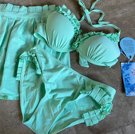 Neon Green Bikini Set With Skirt Swimsuit Swimwear New Women S Fashion Swimwear Bikinis