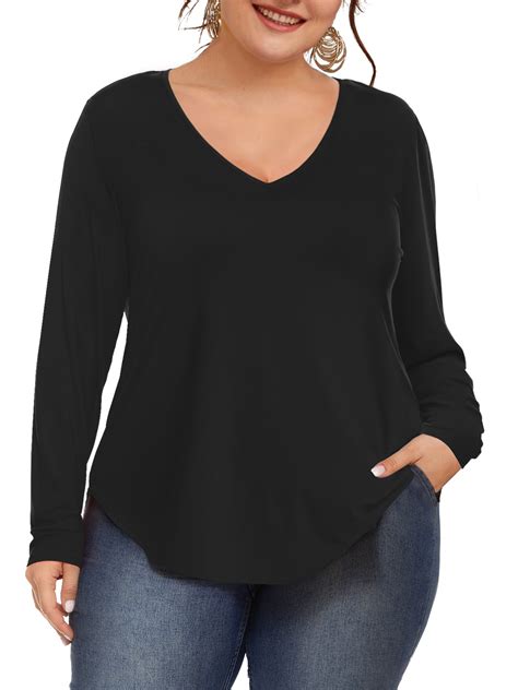 Jylfc Plus Size Shirts For Women V Neck Long Sleeve T Shirts Black 3xl