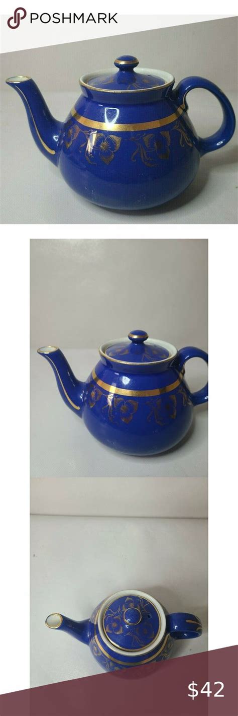 Vintage 1940 Trillium Hall Pottery Tea Pot Cobalt Blue 24KT Gold Floral