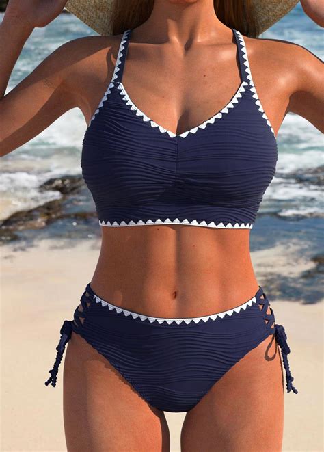 Rotita Contrast Binding Lace Up Navy Bikini Set Rotita Usd