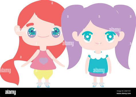 kids, cute little girls anime cartoon characters vector illustration ...