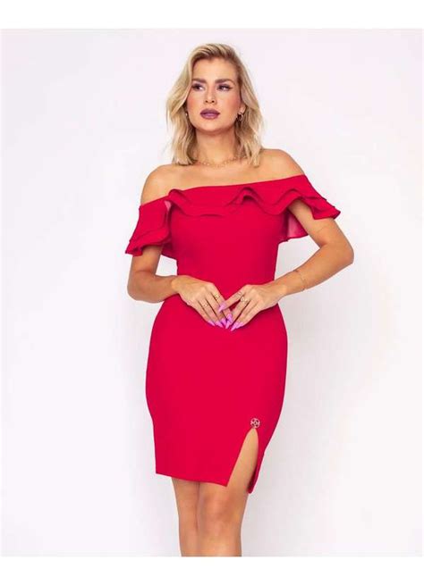 Vestido Miss Misses Midi Babado Ombro A Ombro Vermelho Vermelho Dress Us