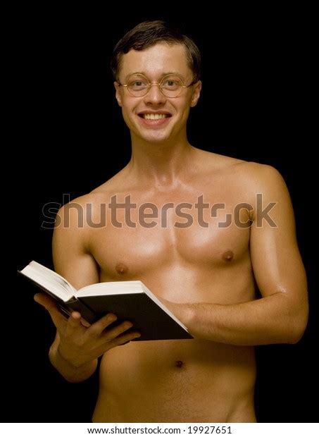 Portrait Smiling Naked Male Glasses Reading Stock Photo