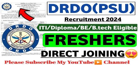 DRDO RECRUITMENT 2024 FRESHERS ITI Diploma BE B Tech DRDO JOBS