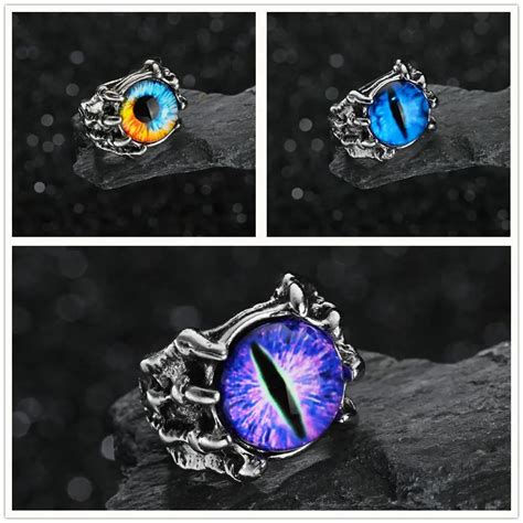 Punk Vintage Retro Dragon Claw Evil Eye Ring Blue Purple Devil Eyeball Male Finger Men Rings