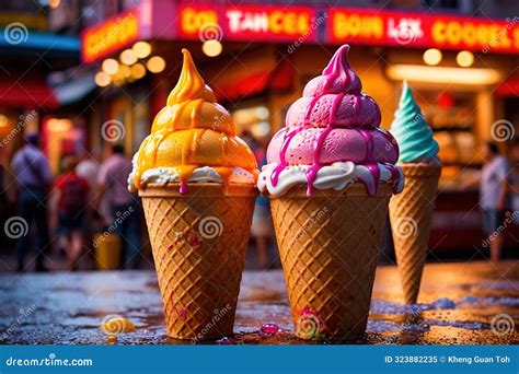 Big Colorful Rainbow Ice Cream In Cone Stock Illustration