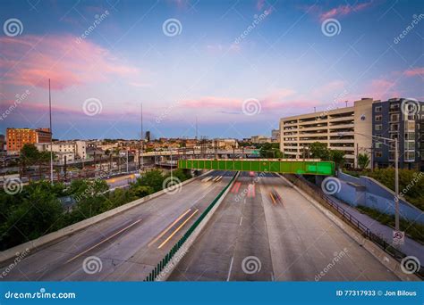 The Jones Falls Expressway At Sunset Seen From The Howard Street