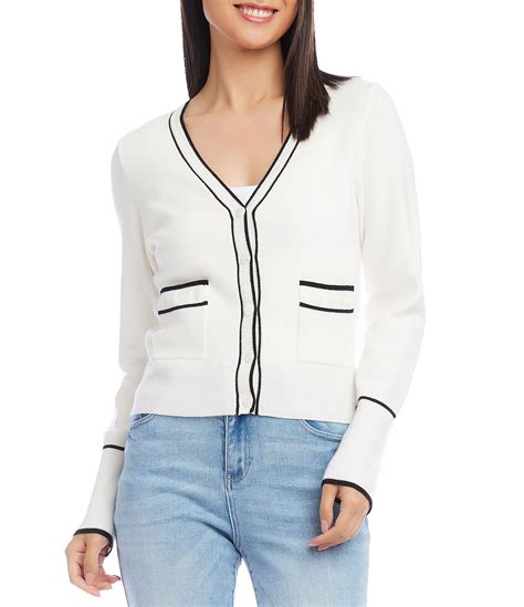 Karen Kane Rib Knit Contrast Trim V Neck Long Sleeve Patch Pocket