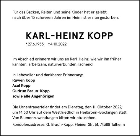 Traueranzeigen Von Karl Heinz Kopp Trauerundgedenken De