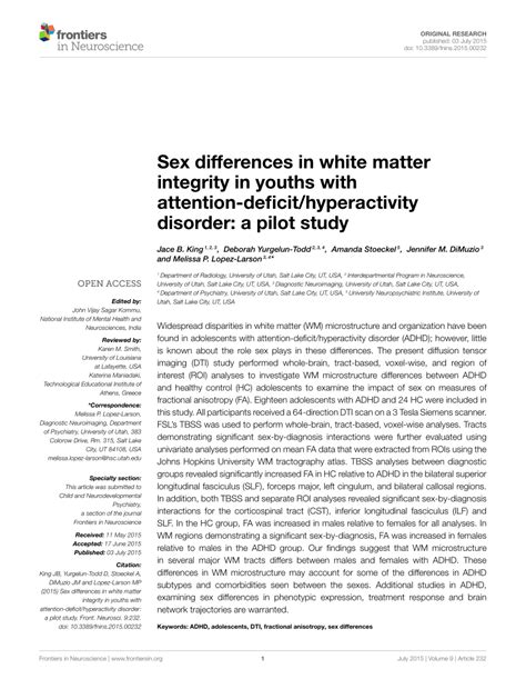 PDF Sex Differences In White Matter Integrity In Youths With Attention Deficit Hyperactivity