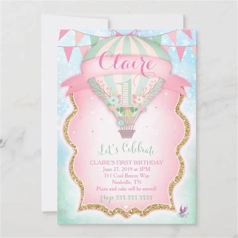 Gc Hot Air Balloon First Birthday Invitation Zazzle