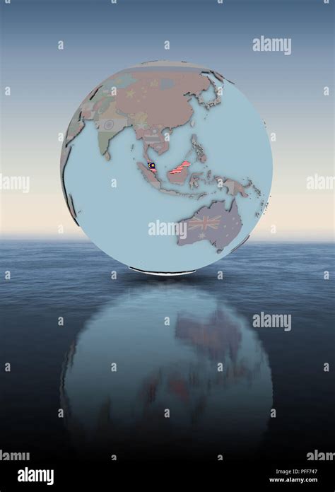 Malaysia With National Flag On Globe Above Water Surface 3D