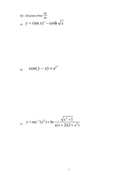 Calculus Ii Exam I Exam Q1 20 Points Find Dx Dy A Y X X X Sin Cosh B X E Cos Y X E