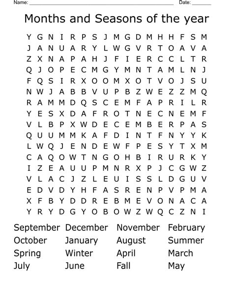 Months And Seasons Of The Year Word Search Wordmint