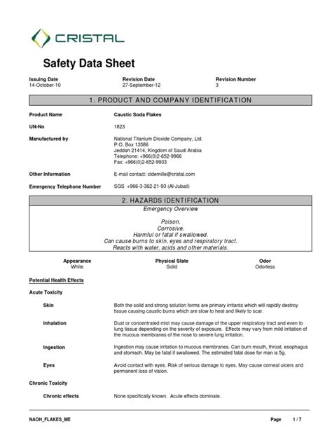 Sds Caustic Soda Flakes Safety Data Sheet Pdf Sodium Hydroxide Toxicity