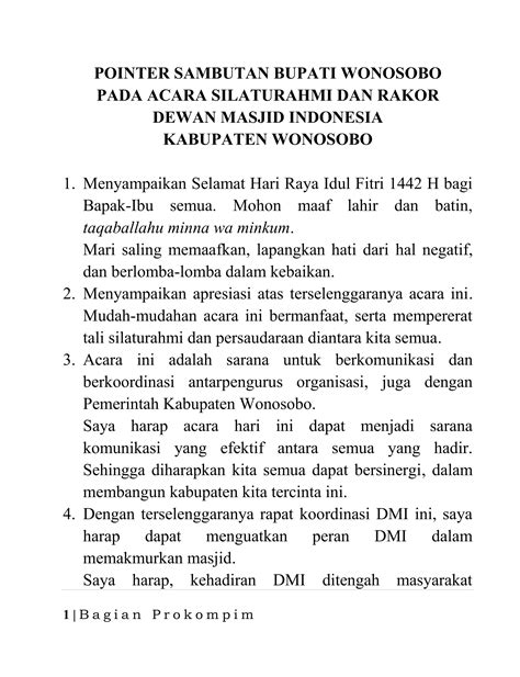 Sambutan Bupati Wonosobo Silaturahmi Dan Rakor Dewan Masjid PDF