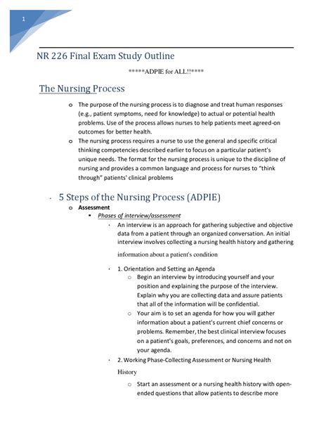 Nr Final Exam Study Outline Newest Exams Nursing Docsity