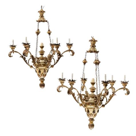 Exquisite Pair Of Italian Early 20th Century Wood Chandeliers With Gilt