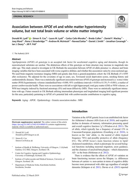 Pdf Association Between Apoe E4 And White Matter Hyperintensity