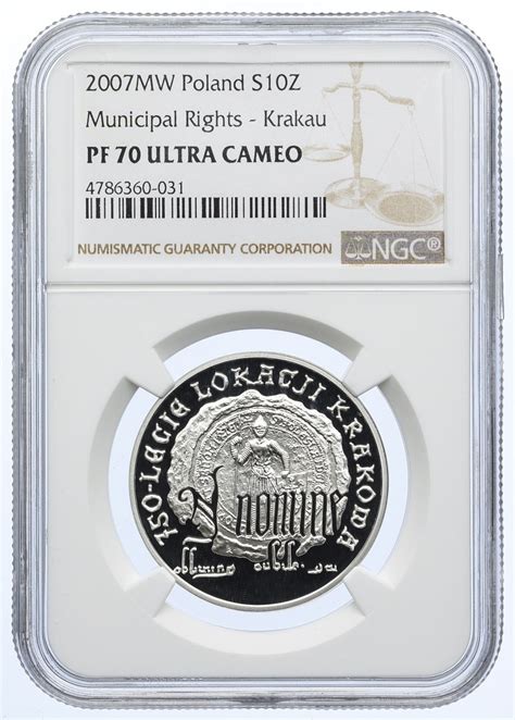 10 złotych 2007 750 lecie Lokacji Krakowa NGC PF70 Aukcja