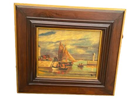 Ancien Tableau Cadre Bois Reproduction Marine Bateau Au Port Pas Huile