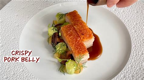 Fine Dining Crispy Pork Belly Dish With Pickled Mushrooms Compressed Cucumber And Apple Mustard