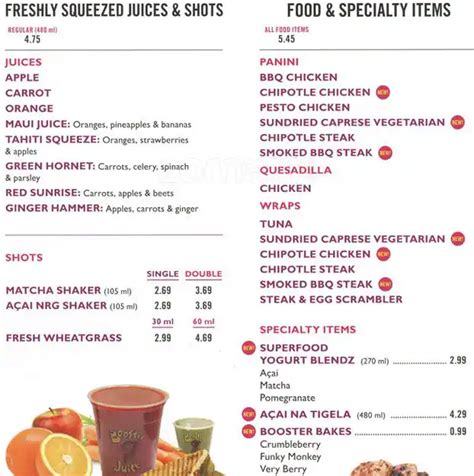 Menu at Booster Juice pub & bar, Oakville, 150 Lakeshore Rd E