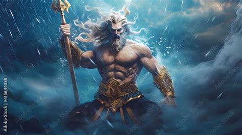 Giant Poseidon Coming Out Of The Stormy Sea Greek Mythological God