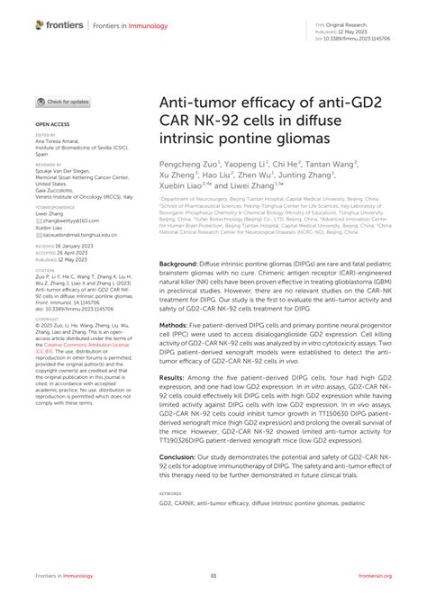 Pdf Anti Tumor Efficacy Of Anti Gd2 Car Nk 92 Cells In Diffuse