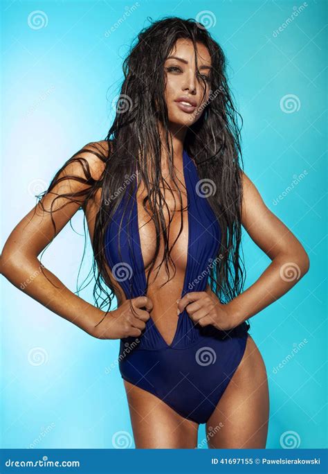 Brunette Lady Posing In Swimwear Stock Image Image Of Lifestyle Glamour