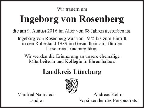 Traueranzeigen von Ingeborg von Rosenberg Trauer Lüneburg de