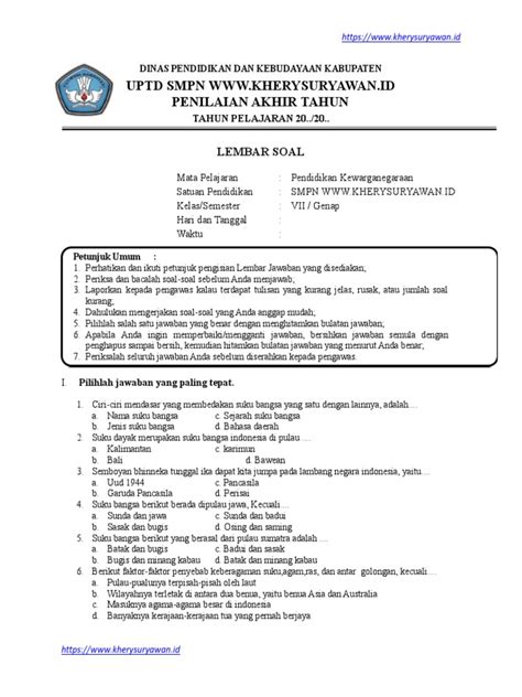 Soal Pat Pkn Kelas Vii V2 Kherysuryawan Id Pdf