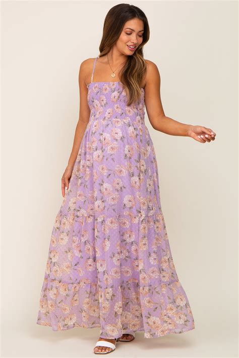 Lavender Floral Swiss Dot Smocked Maternity Maxi Dress Pinkblush