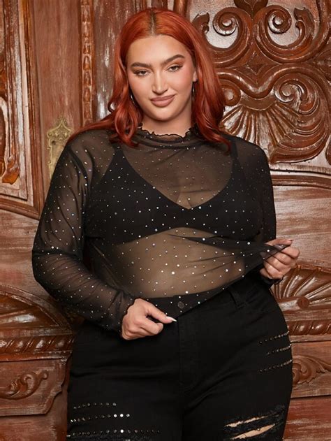 Shein Curve Plus Lettuce Trim Sheer Mesh Top Without Bra Shein Usa