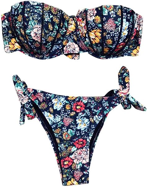 Mingtu Damen Blumenmuster Bikini Set B Gel Bh Gepolstert Bandeau Und