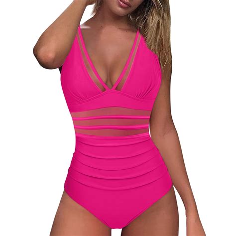 Ladigasu Women Plus Size One Piece Swimsuit V Neck Mesh Sheer Tummy