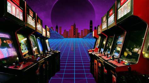 Download Arcade Machines In A City With A Purple Sky | Wallpapers.com