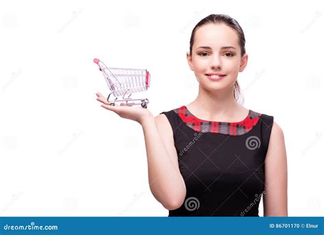 The Young Woman With Shopping Cart Isolated On White Stock Photo