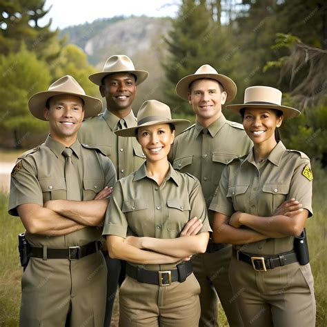 A diverse group of park rangers in uniform stand together showcasing