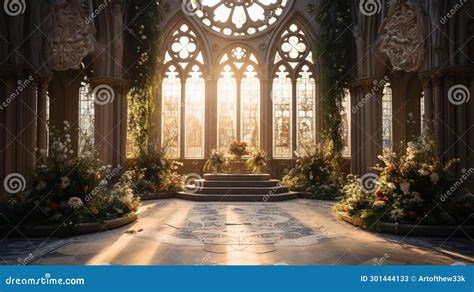 Gothic Cathedral With Intricate Stained Glass Windows Stock