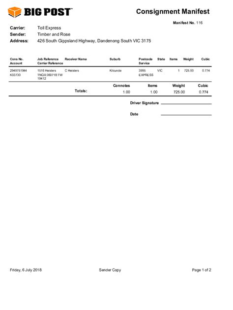 Fillable Online Consignment Manifest Fax Email Print Pdffiller