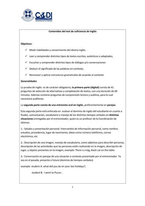 PDF Contenidos del test de suficiencia de Inglés Objetivos Medir